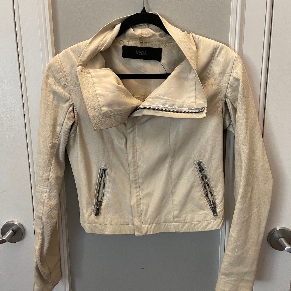 Veda White Leather Biker Jacket